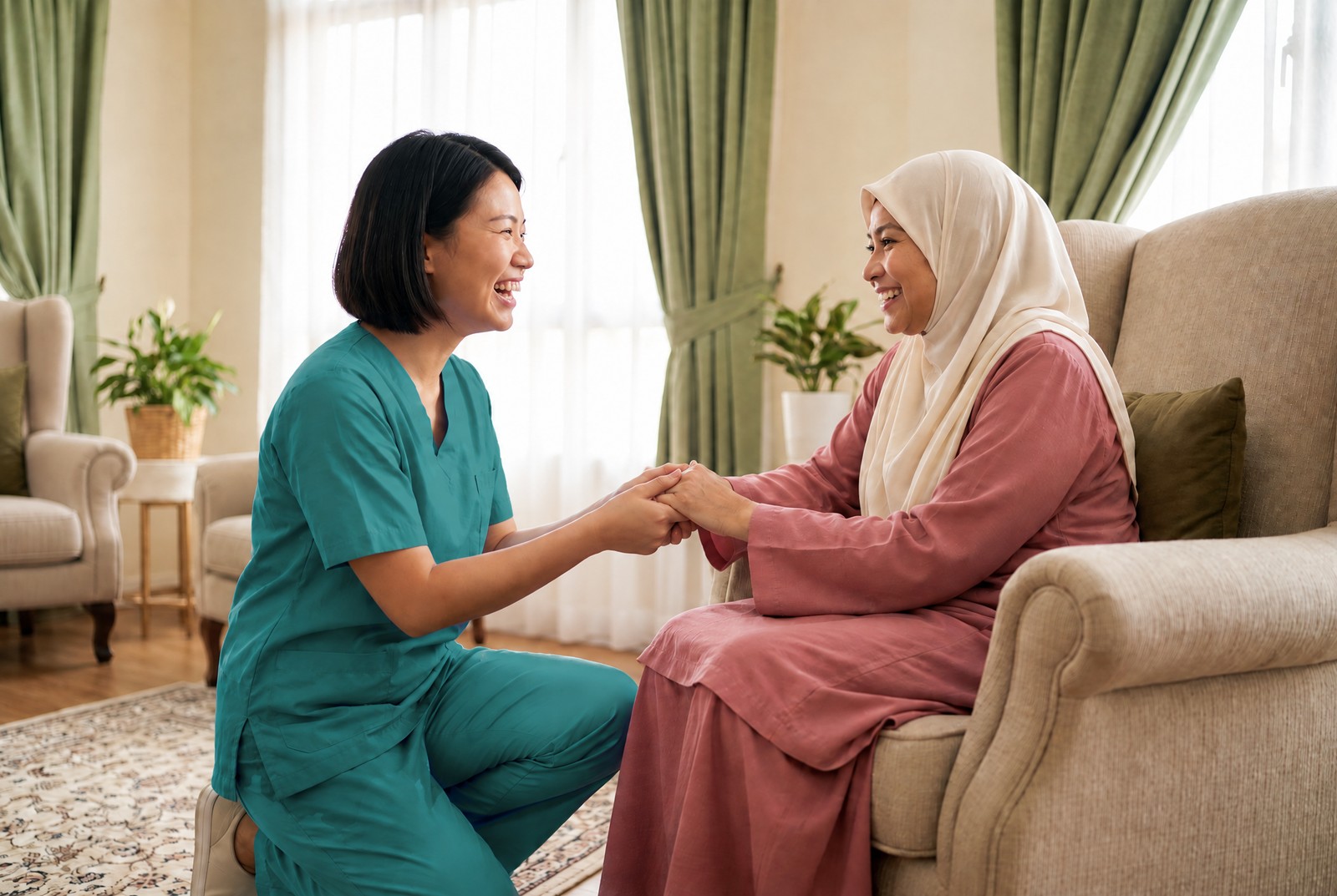 A nurse kneeling to hold hands with a resident in the visitor area, both laughing