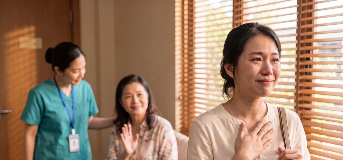 A daughter holding back tears as she says goodbye after a visit, while her mother waves from the visitor area with a nurse beside her