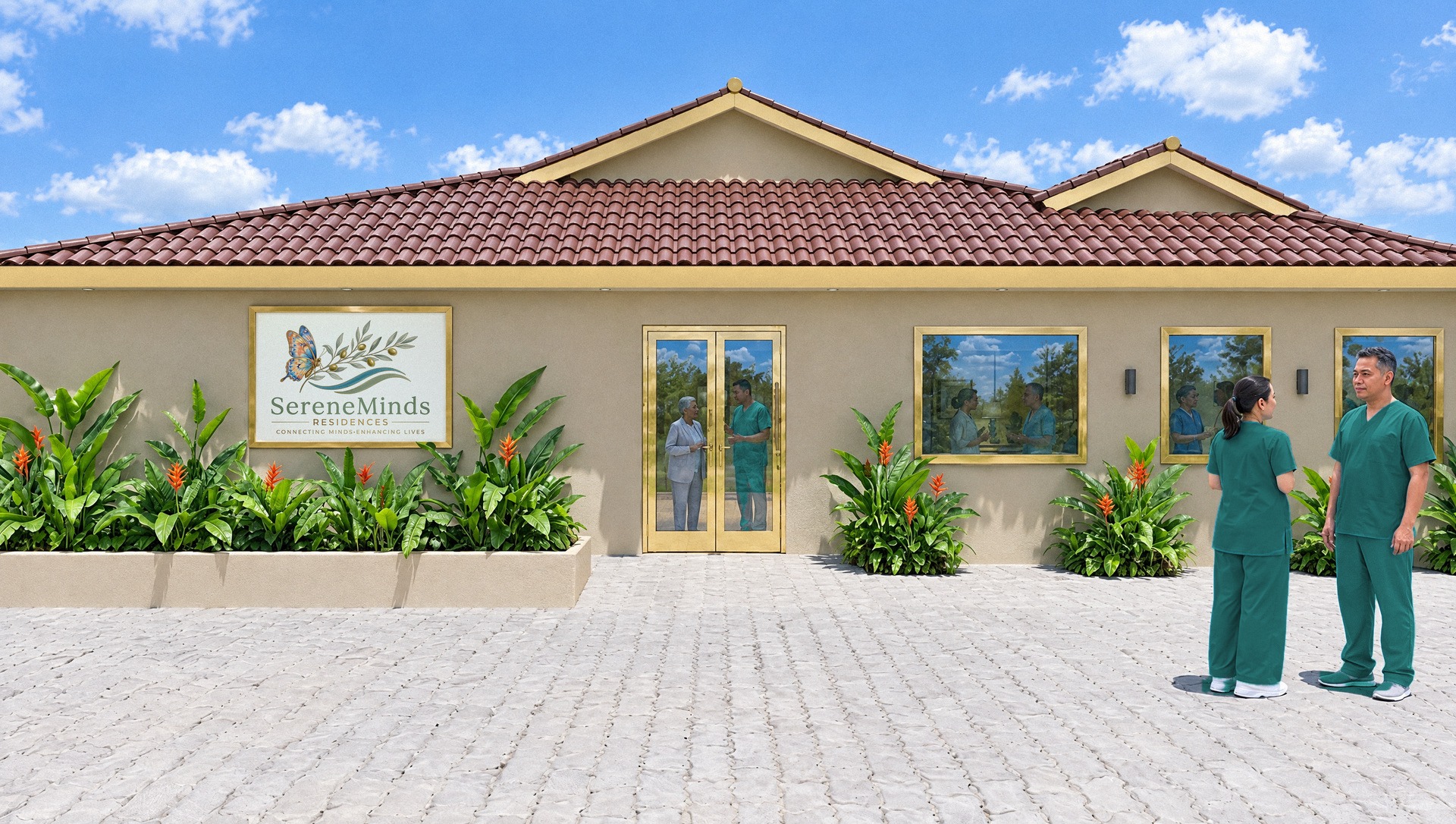 The front of SereneMinds Residences at 59 Jalan Gasing: a single-storey home with a gold-trimmed entrance and the SereneMinds signboard
