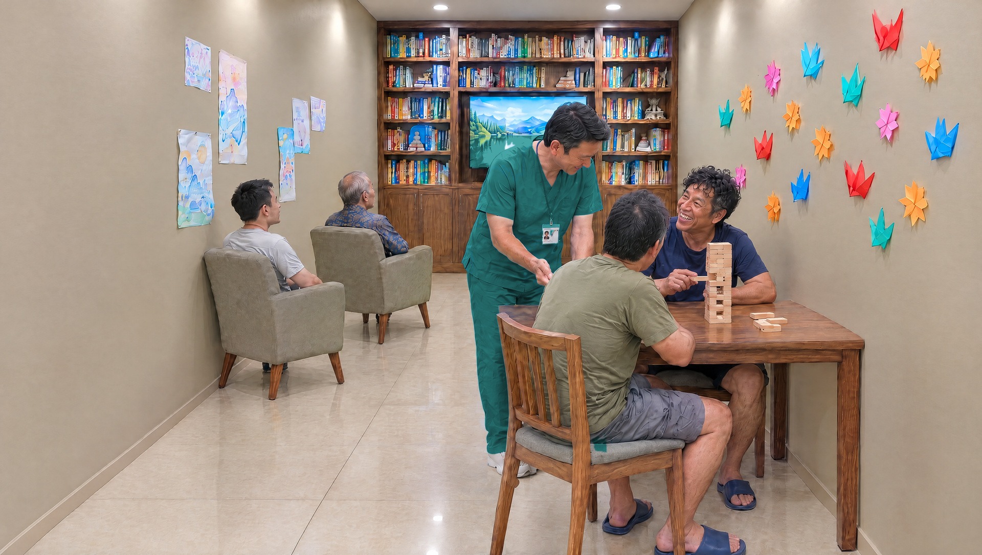 The men's activity area: residents playing a table game with a nurse, a bookcase with a television, and chairs for watching