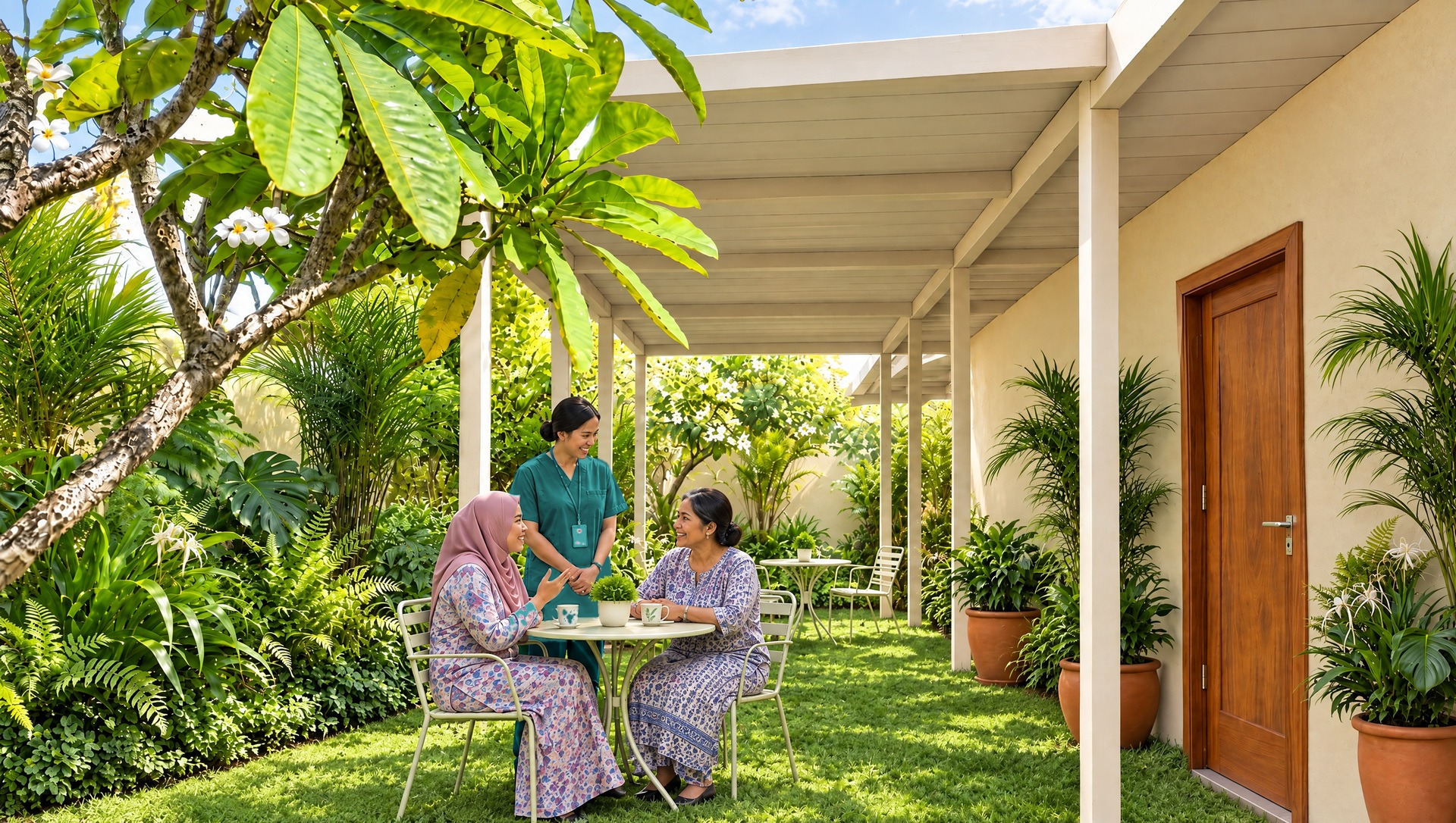 One of the two covered side gardens: lawn and tropical planting beside the covered walkway, where two residents take tea with a nurse