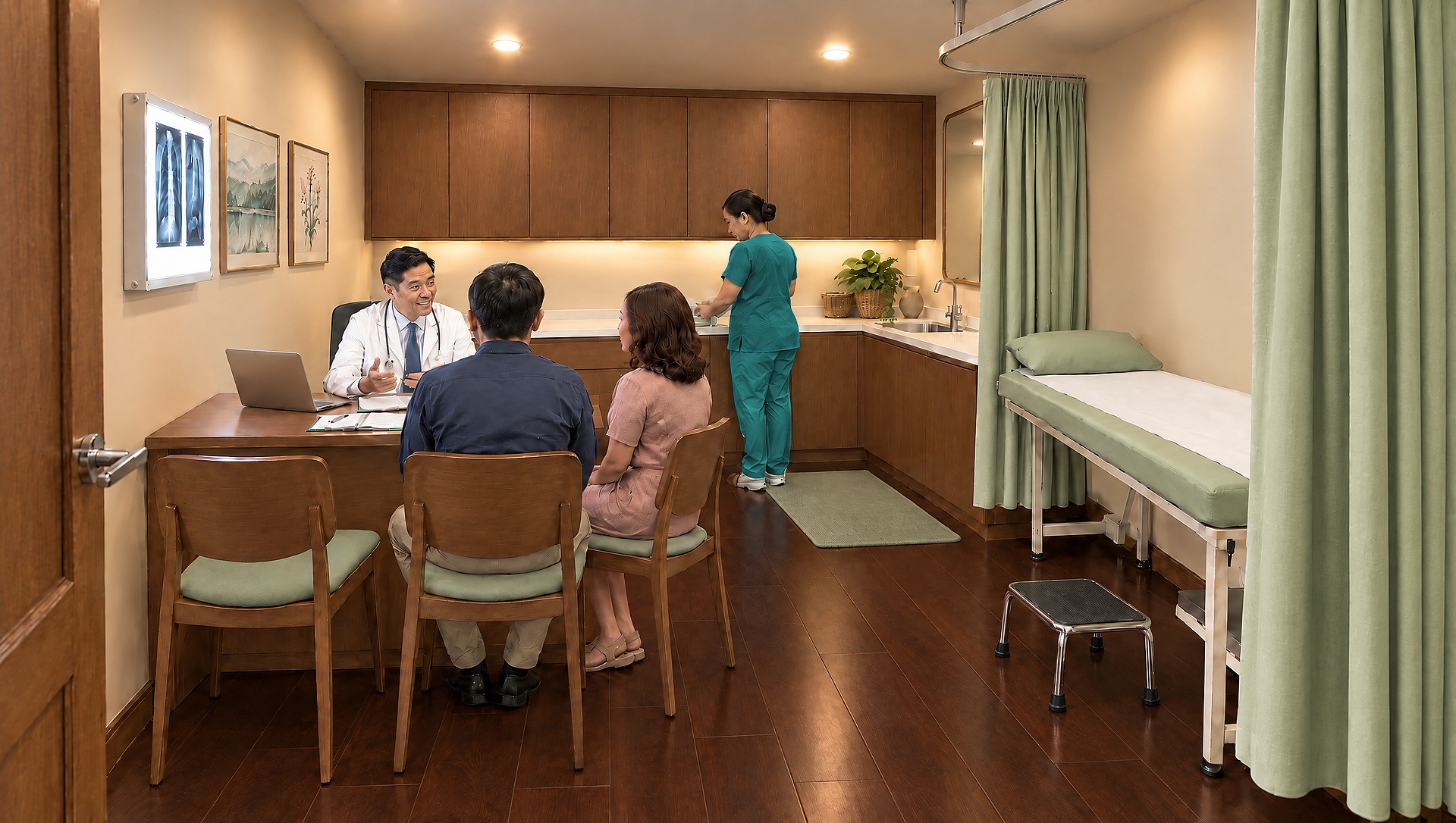 The treatment room: the doctor at his desk with a resident and a family member, a nurse at the worktop and an examination bed behind a curtain