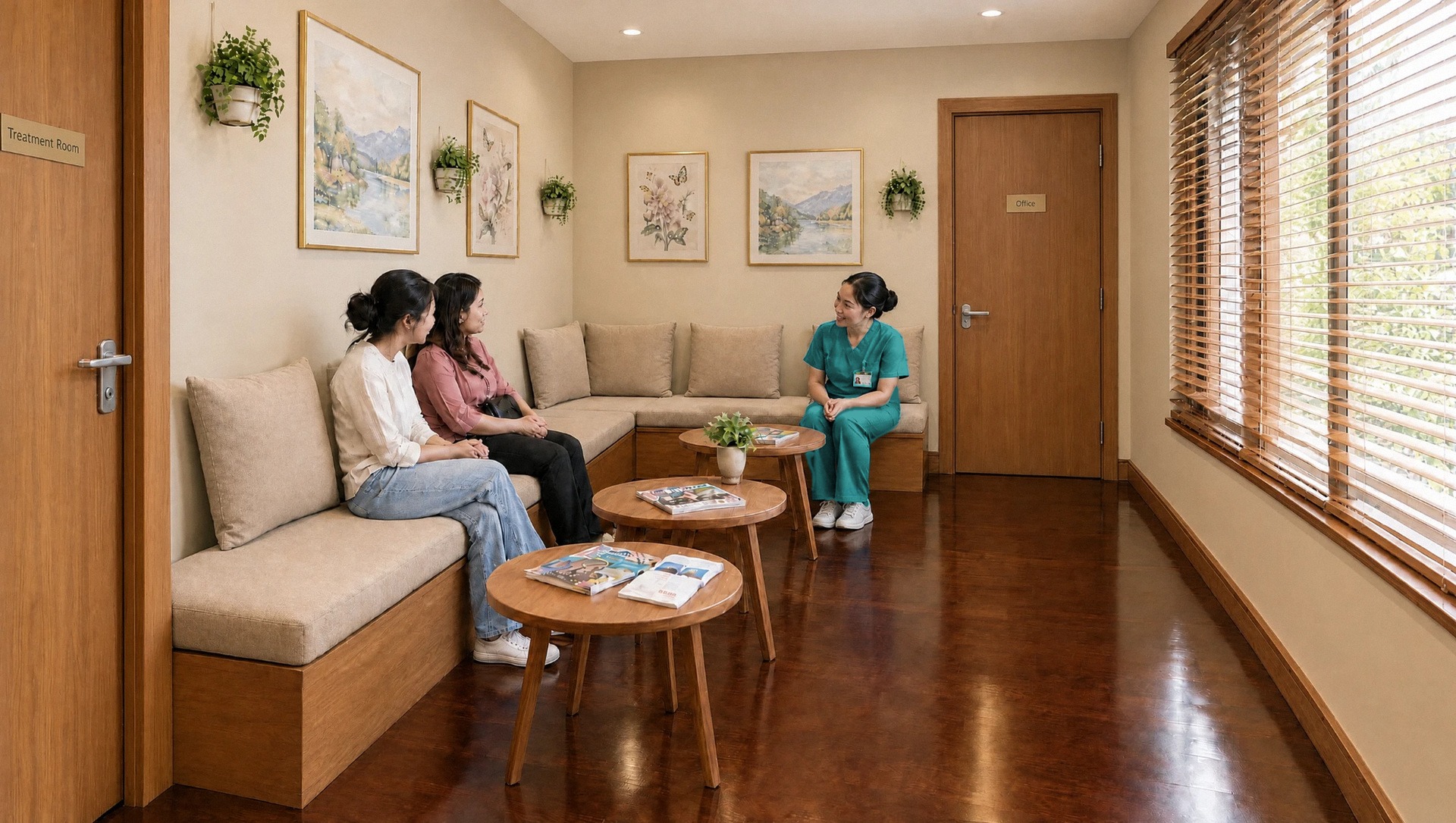 The visitor area: cushioned bench seating and low round tables, with a nurse sitting with two visitors