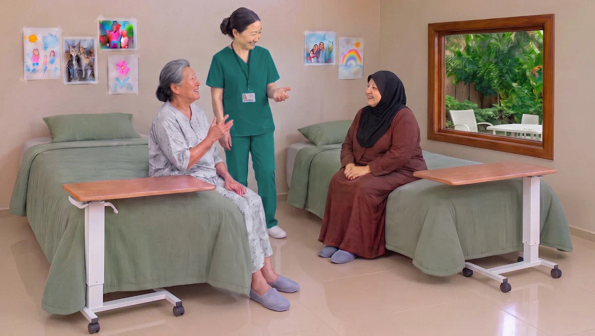 The women's residence: two residents sitting on their beds and chatting with a nurse, with over-bed tables and a window onto one of the side gardens