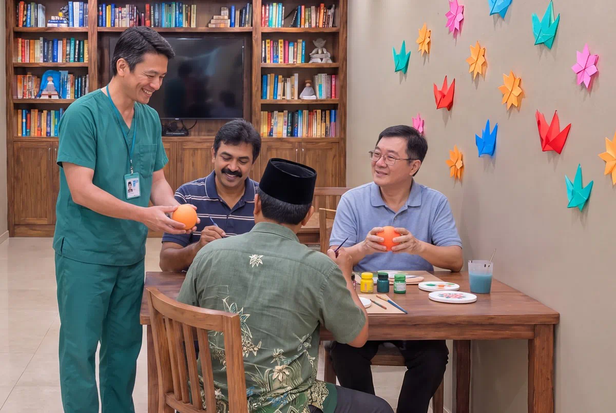 A male nurse handing out stress balls during a painting session in the men's activity area