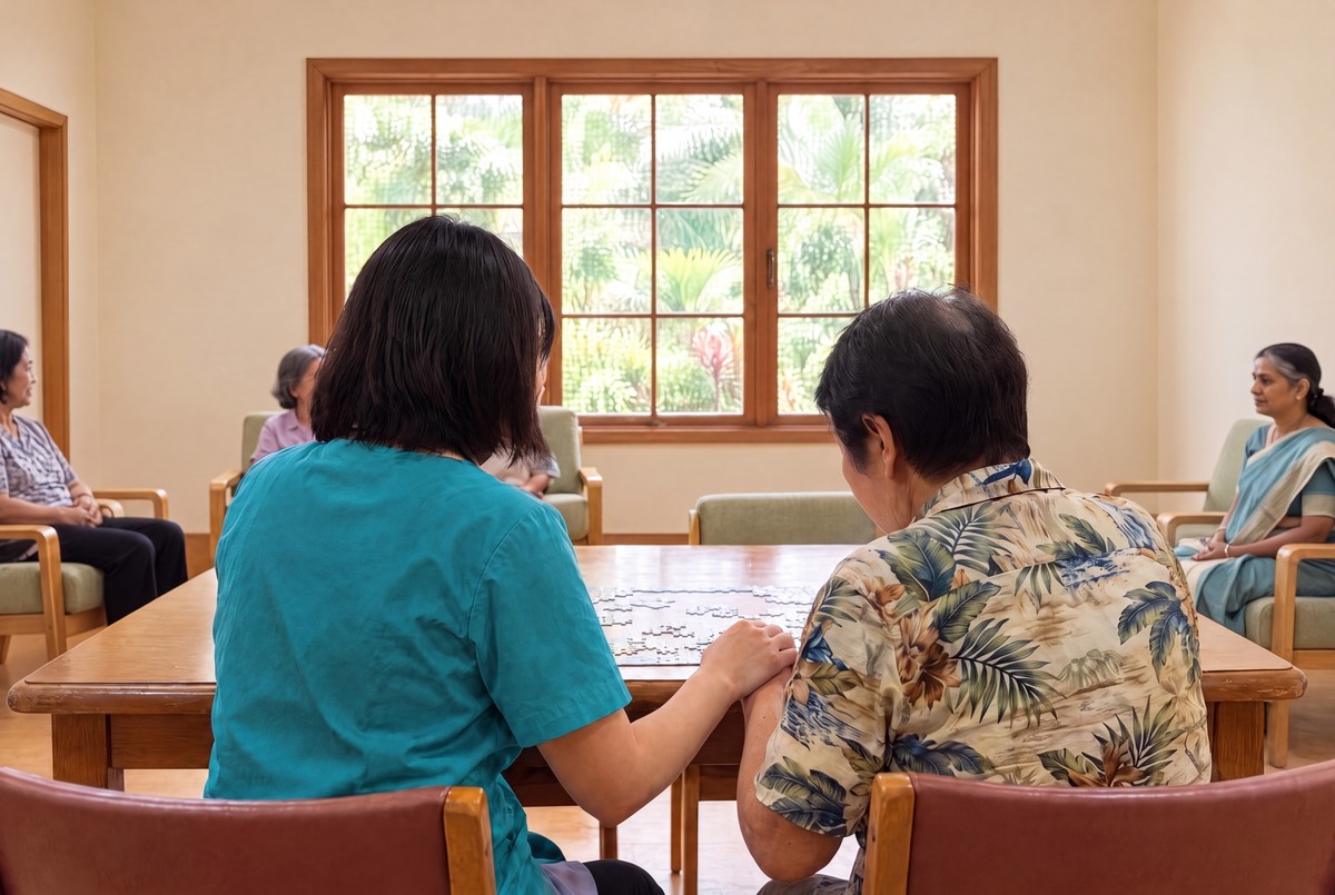 A carer and a resident, seen from behind, working on a jigsaw puzzle together