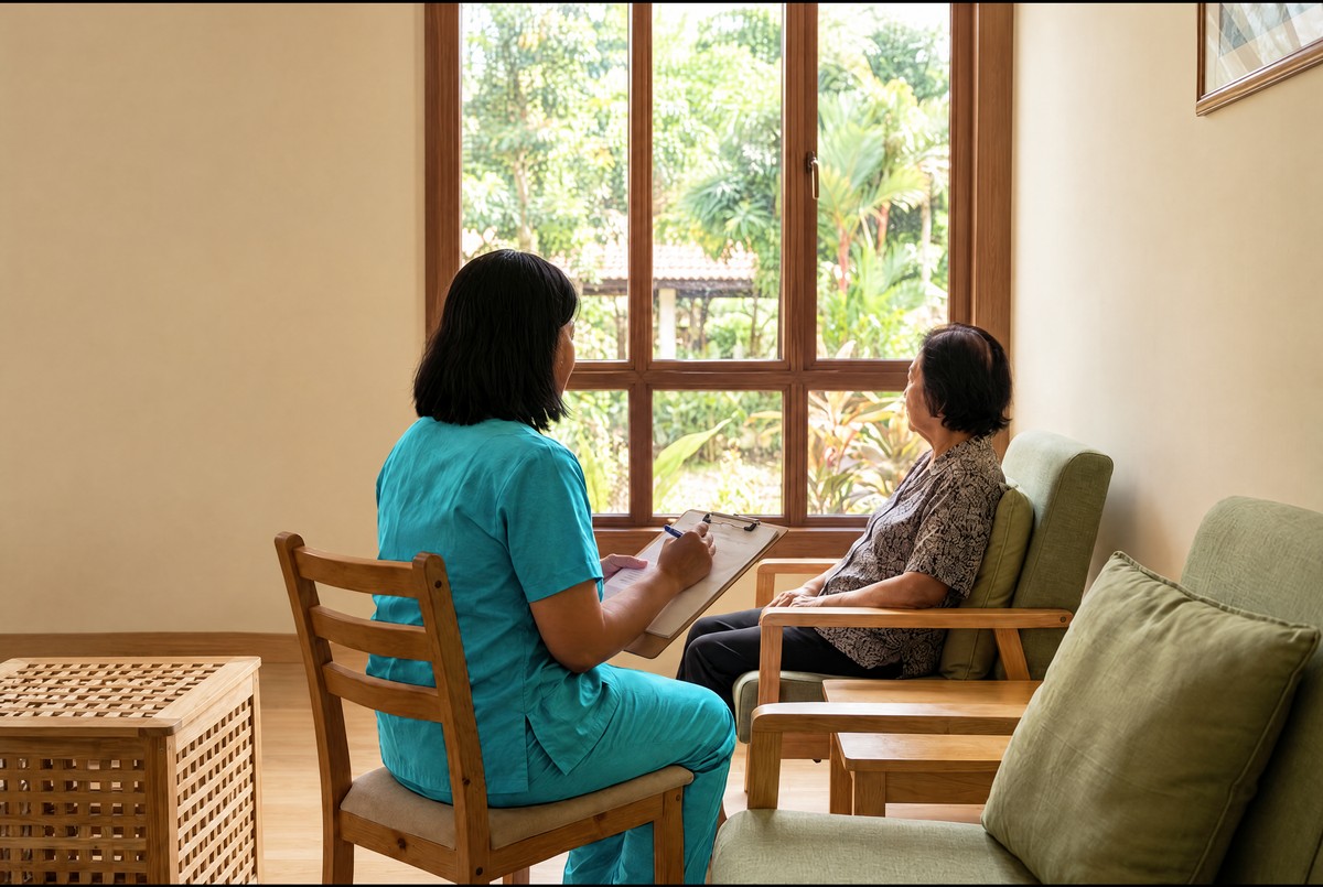A carer with an observation chart quietly watching over a resident by the window