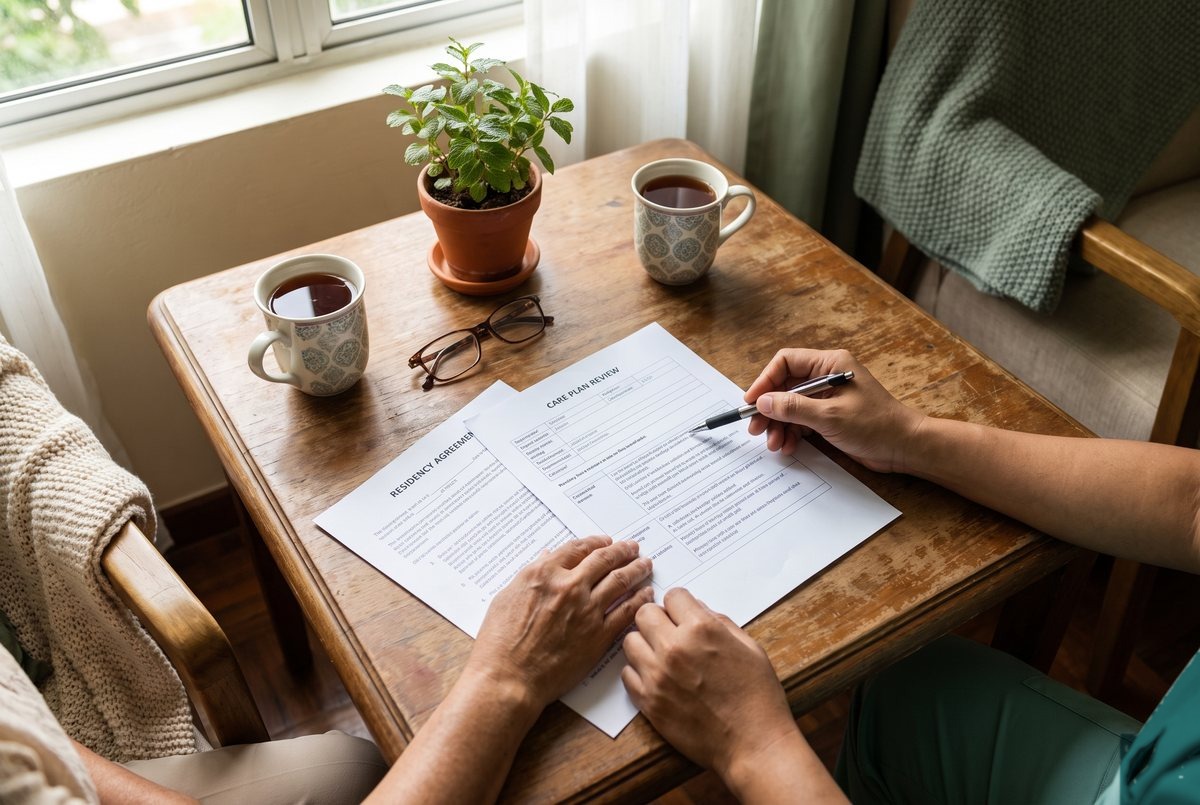 A care plan and residency agreement being reviewed together over tea