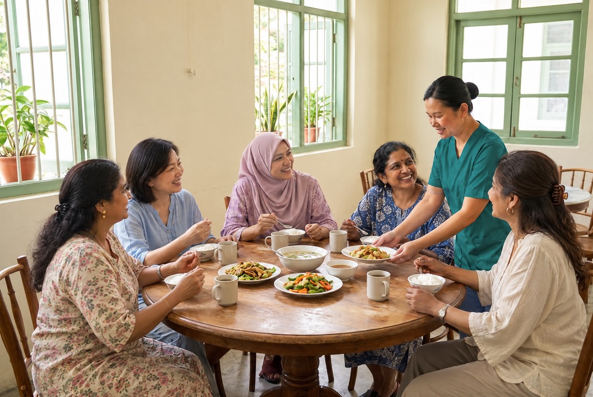 Women residents sharing lunch at a round table as a nurse serves a dish