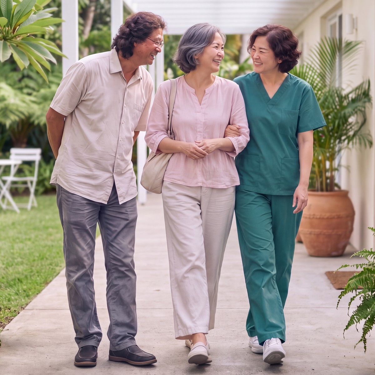 A resident out for a walk along the covered side garden, arm in arm with a carer, with a family member beside them