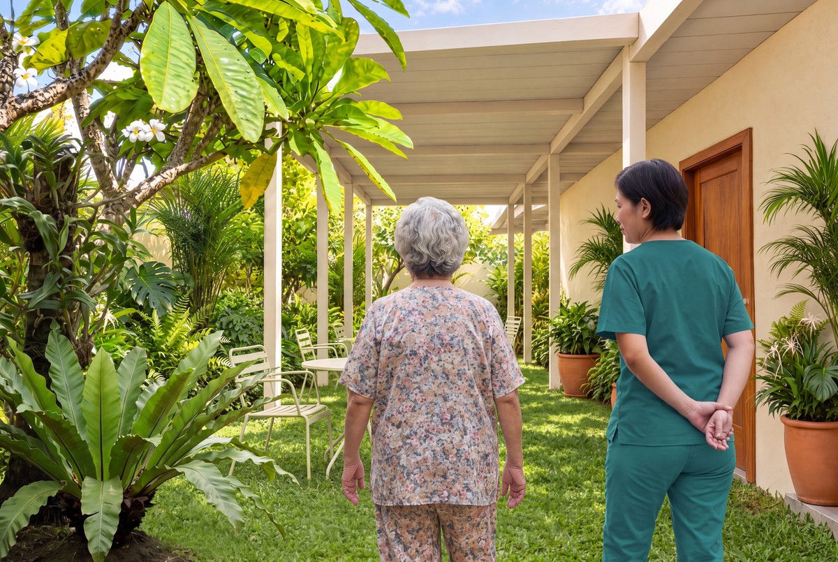 A resident strolling the secured garden path with a carer walking calmly behind her