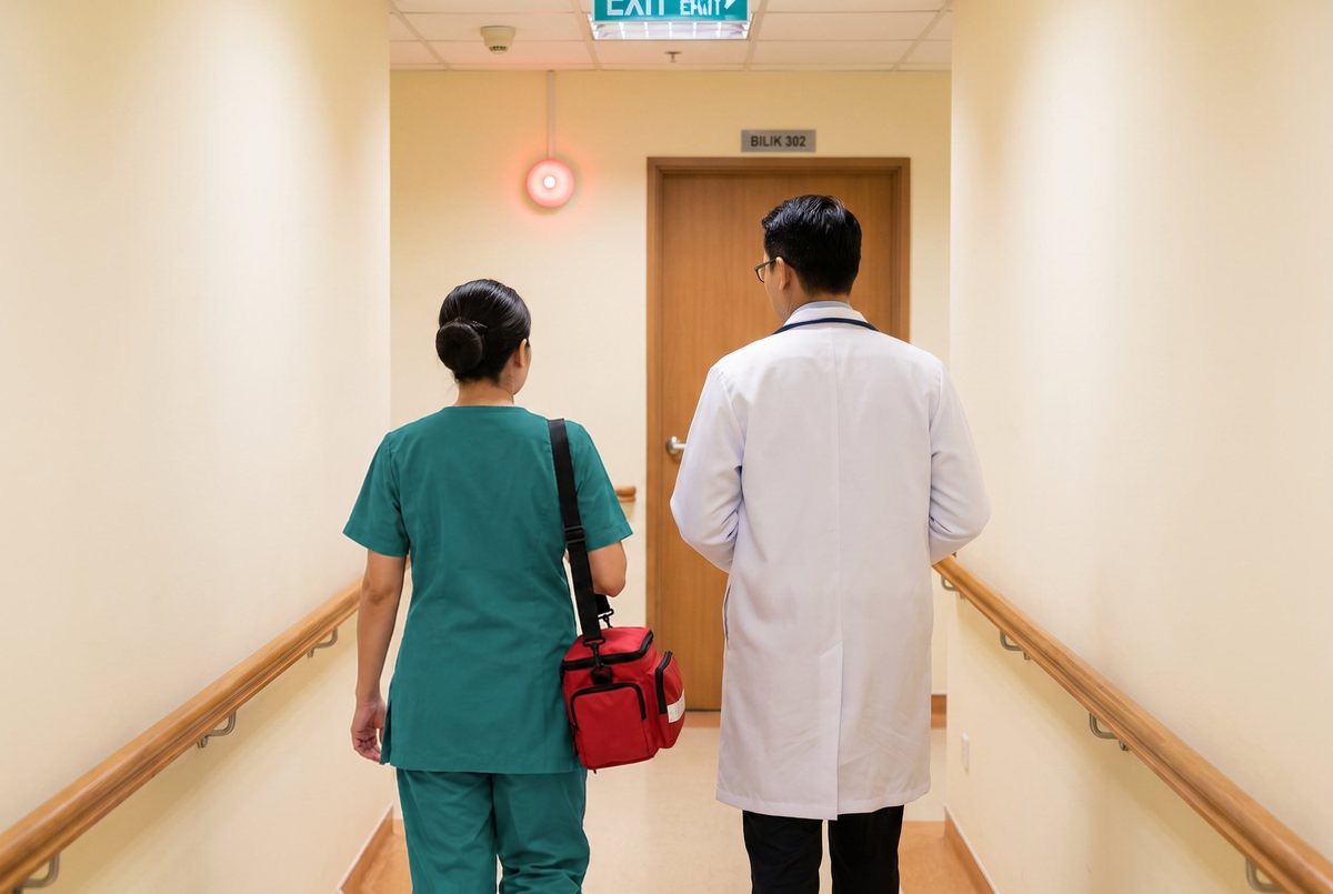 Seorang jururawat dengan kit kecemasan dan doktor pelawat berjalan bersama ke bilik yang lampu panggilannya menyala