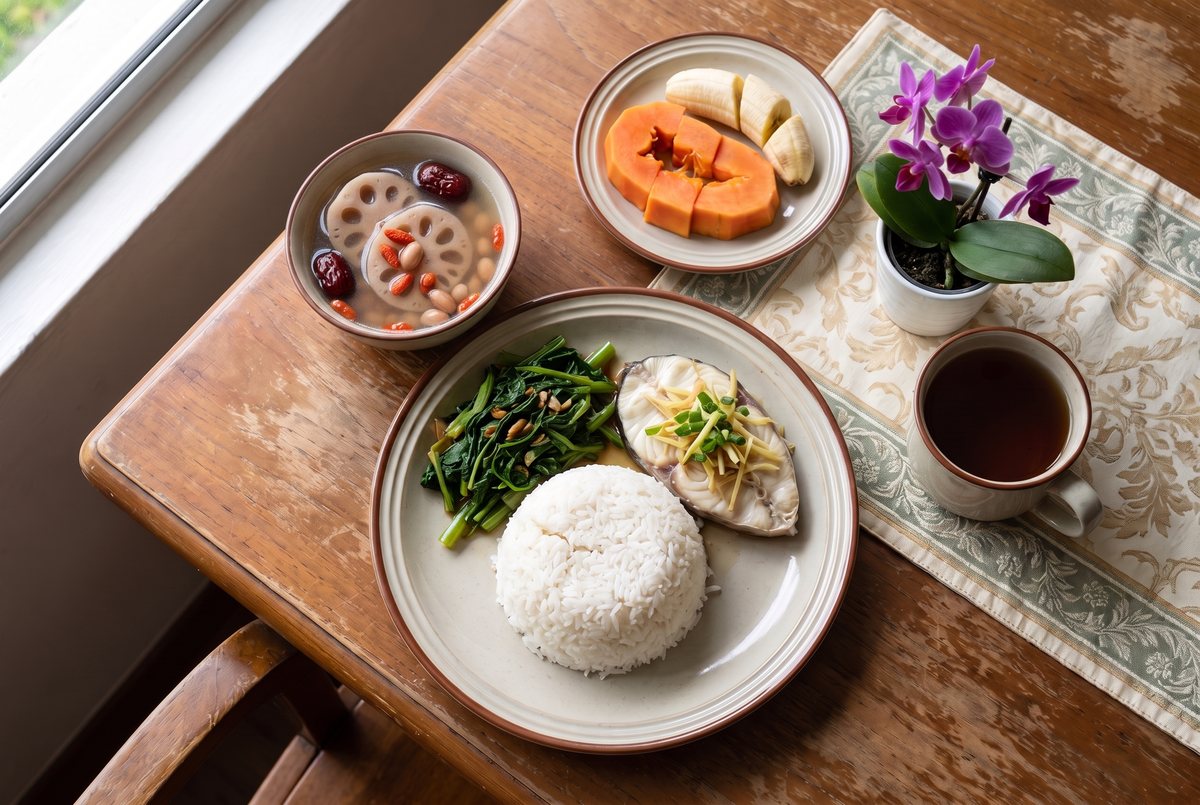 A balanced Malaysian home-cooked lunch of rice, steamed fish, greens, soup and fresh fruit