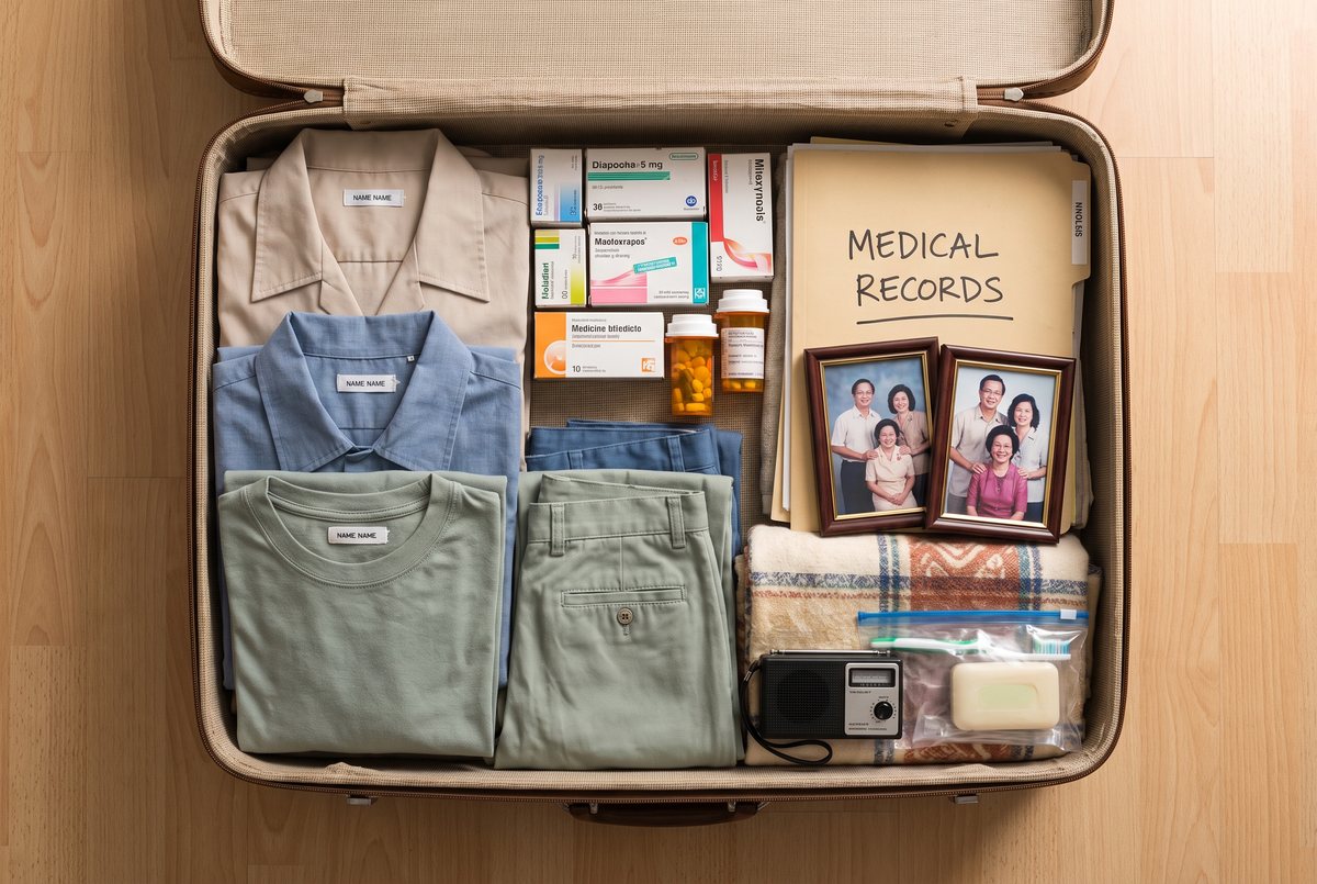 An open suitcase packed with labelled clothing, medications, documents and familiar items