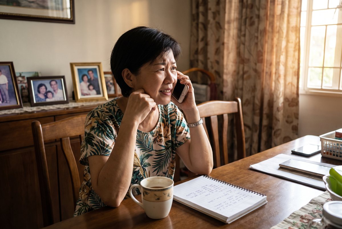 A family member calling SereneMinds from her home, notepad ready