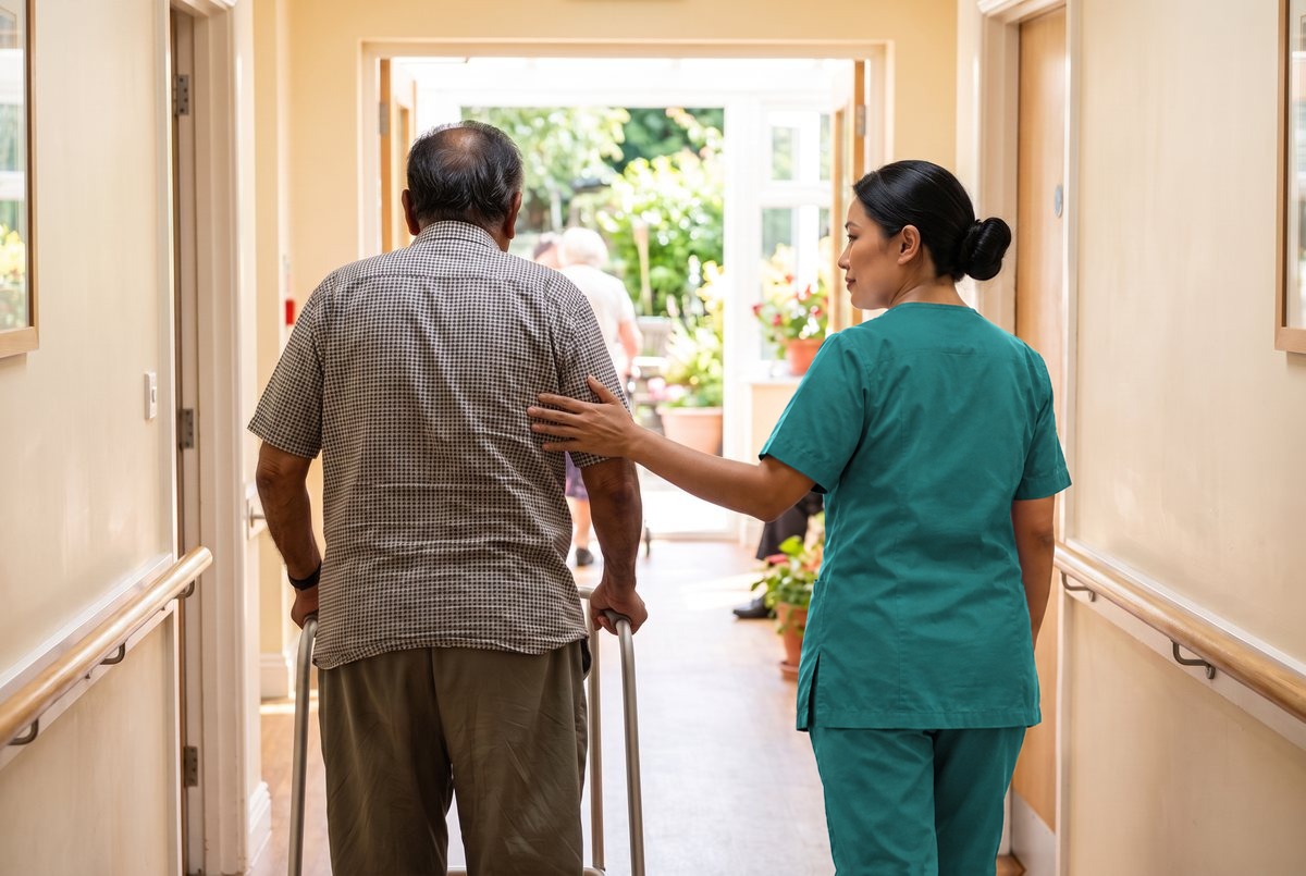 A carer supporting a resident walking with a frame towards the garden